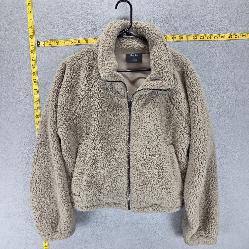 BYLT Premium Basics Jacket Womens Large Tan Sherpa Fleece Zip Up‎ Teddy Bear